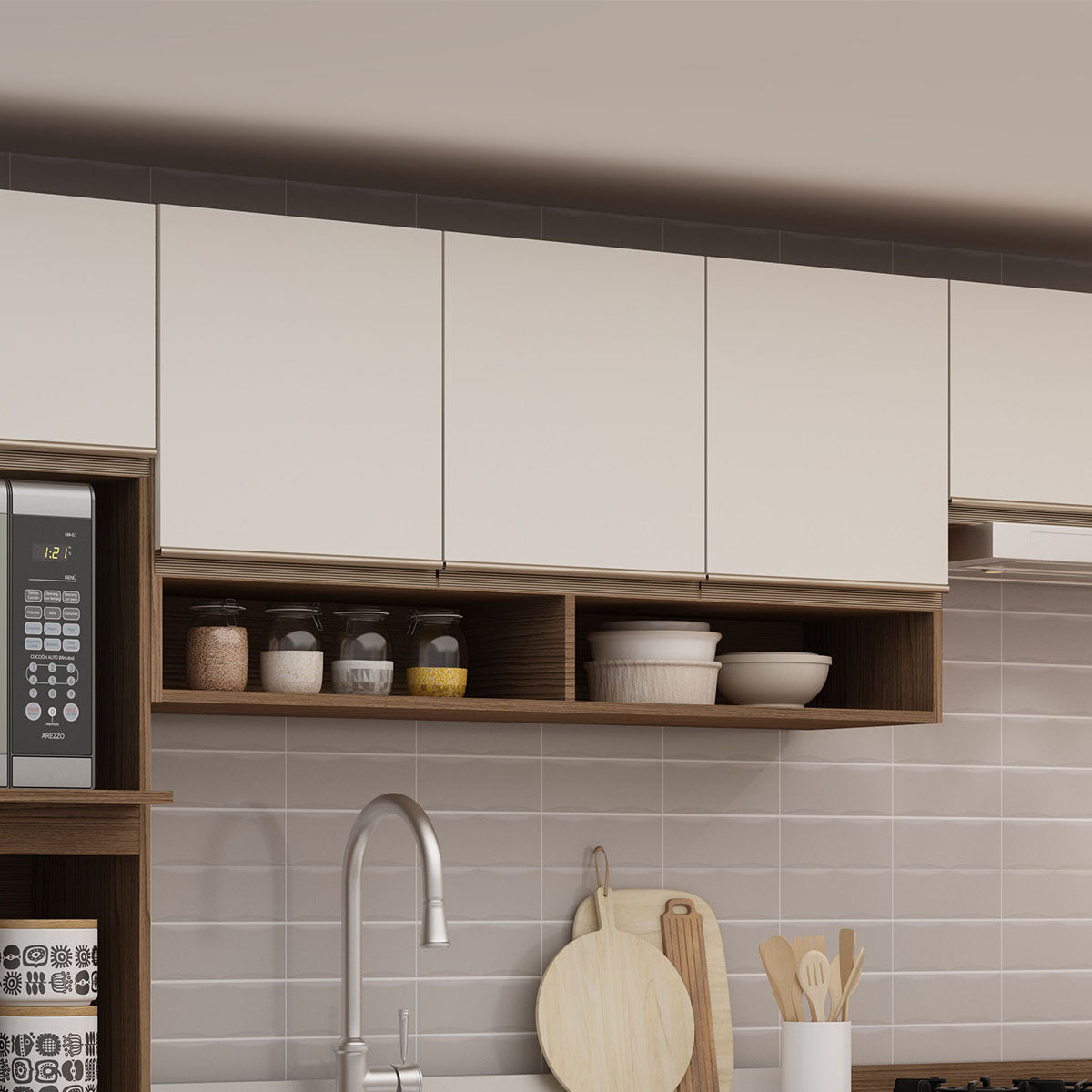 Mueble Mural de Cocina Aereo 3 Puertas 2 Repisas Conecta - Ebano Off White 1313M