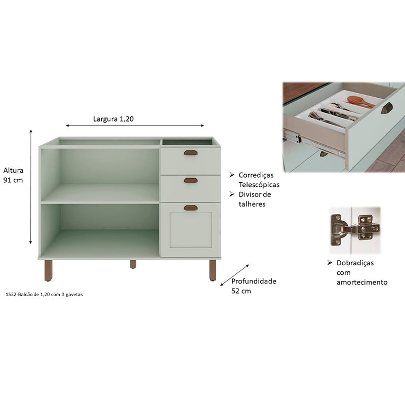 Mueble Base de Cocina 2 Puertas 3 Cajones 1200 Studio - Verde Menta 1532.0001