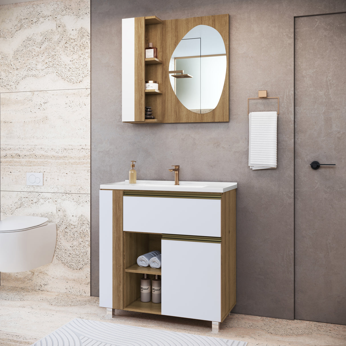 Set Vanitorio Emovell Blanco Castaño Con Espejo CLV08.077