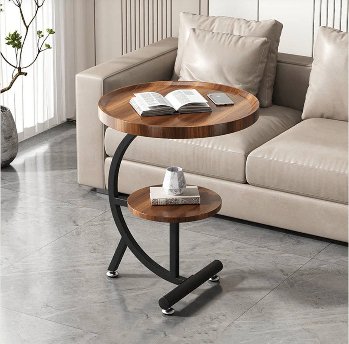 Mesa Lateral Curva Nogal 2 Niveles