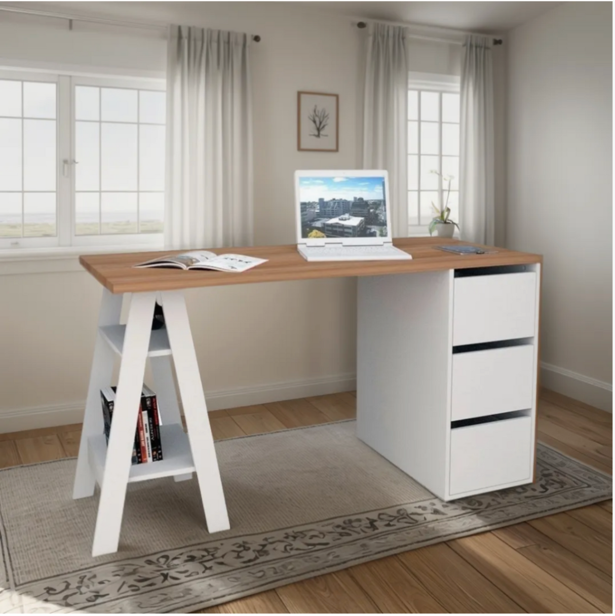 Escritorio Nórdico 3 Cajones Blanco Castaño