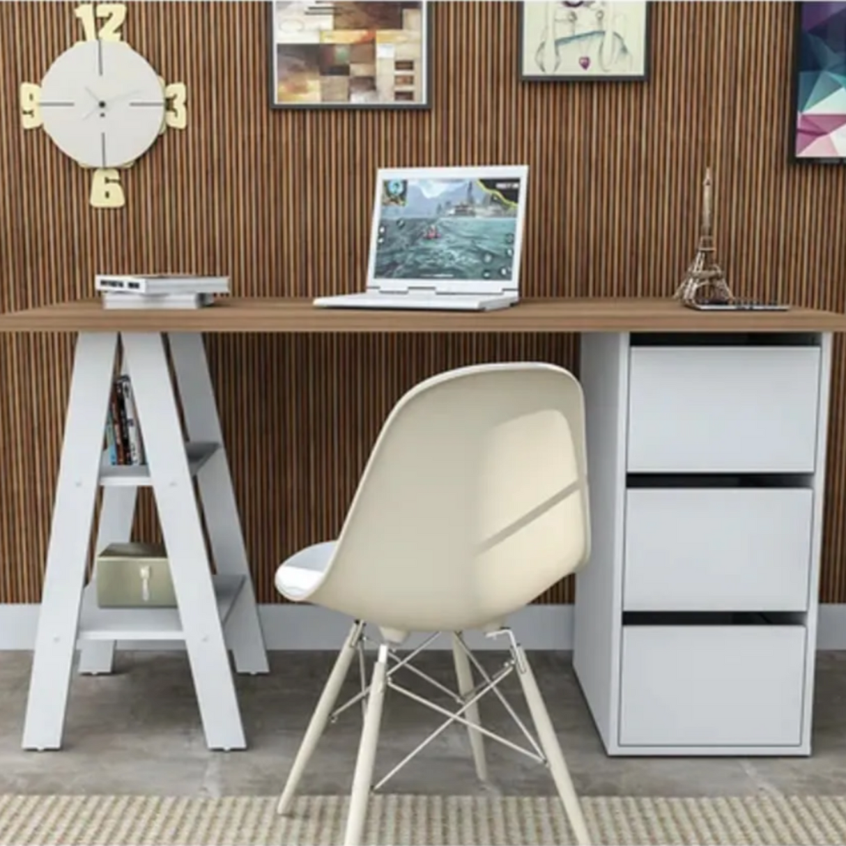 Escritorio Nórdico 3 Cajones Blanco Castaño