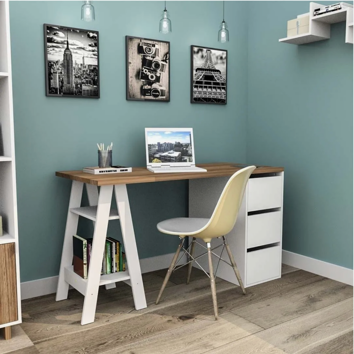 Escritorio Nórdico 3 Cajones Blanco Castaño