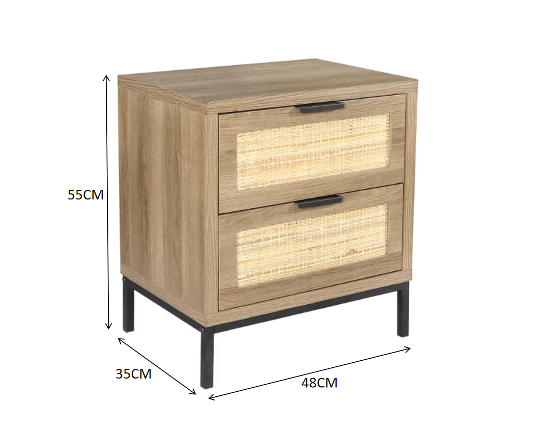 Velador Canela 2 Cajones con Rattan y Patas Metálicas