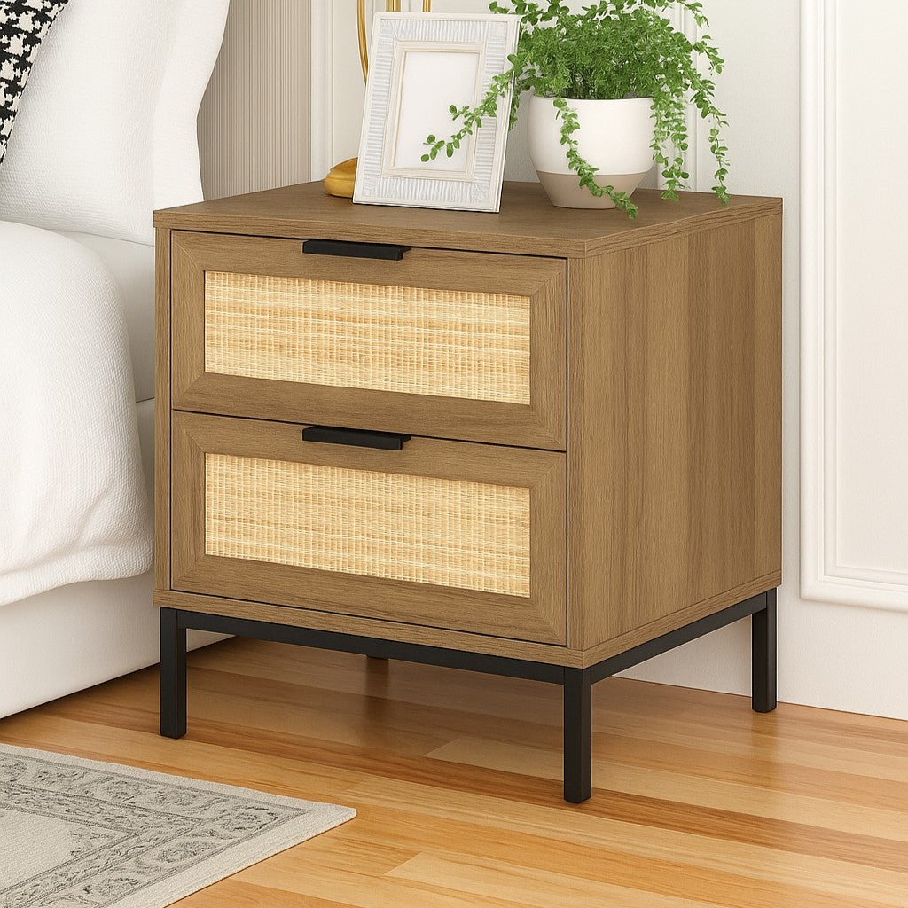 Velador Canela 2 Cajones con Rattan y Patas Metálicas