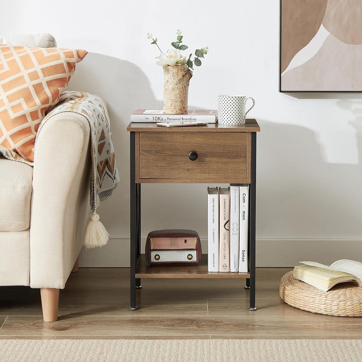 Mesa Lateral de Madera y Acero con Cajón