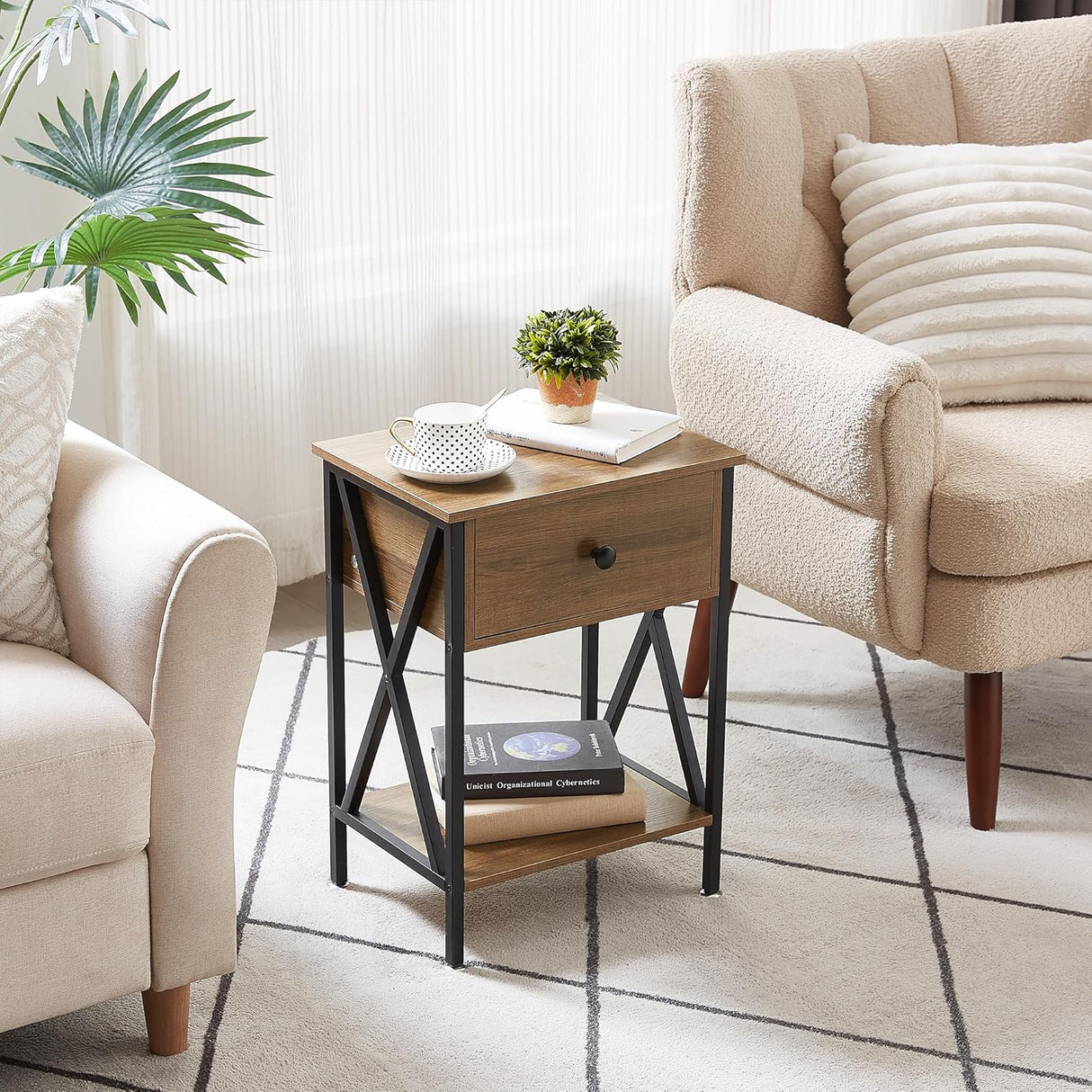 Mesa Lateral de Madera y Acero con Cajón