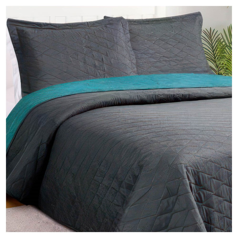 Quilt Bicolor Reversible Masel 1,5 Plazas Grey-Turquesa