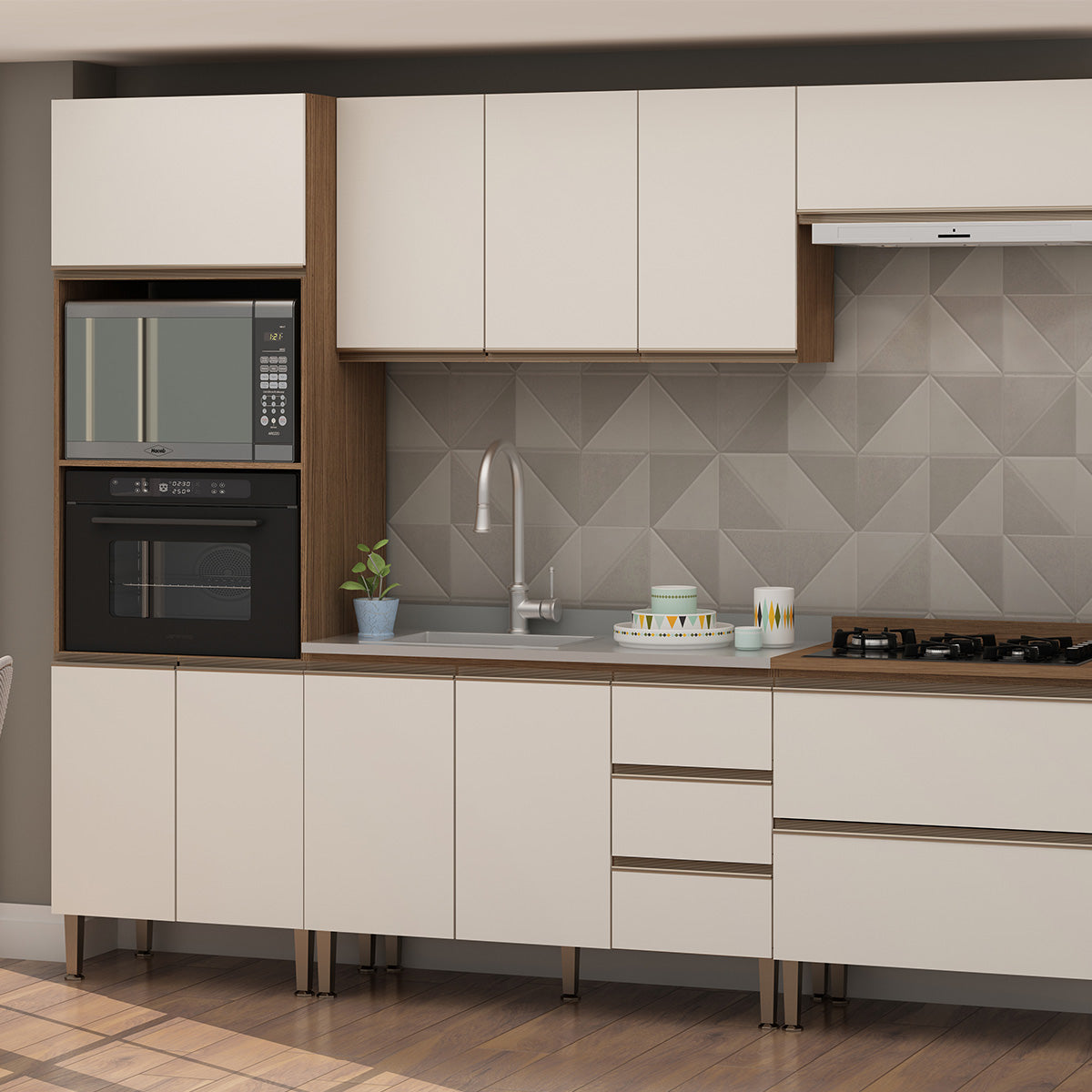 Mueble Mural de Cocina Aéreo 3 Puertas Conecta - Ebano Off White 1306M.0001