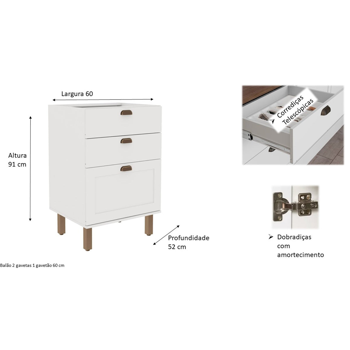 Mueble Base de Cocina 3 Cajones 600 Studio - Blanco 1504.0002