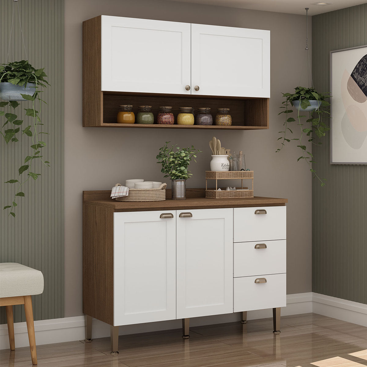 Mueble Mural de Cocina Aéreo 2 Puertas 1 Repisa Conecta - Ebano Fosco Blanco 1301P.0001