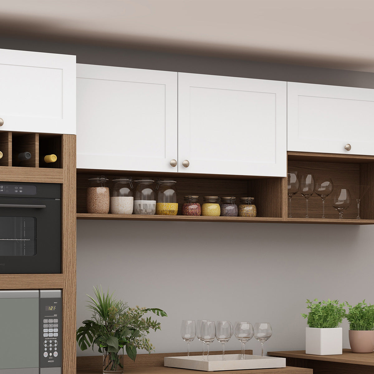 Mueble Mural de Cocina Aéreo 2 Puertas 1 Repisa Conecta - Ebano Fosco Blanco 1301P.0001