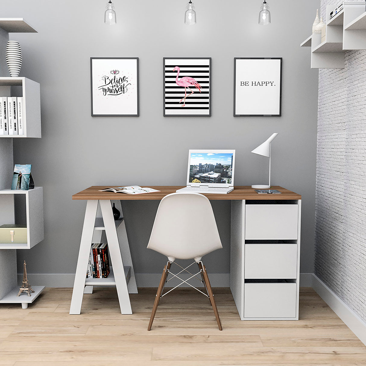 Escritorio Nórdico 3 Cajones Blanco Castaño