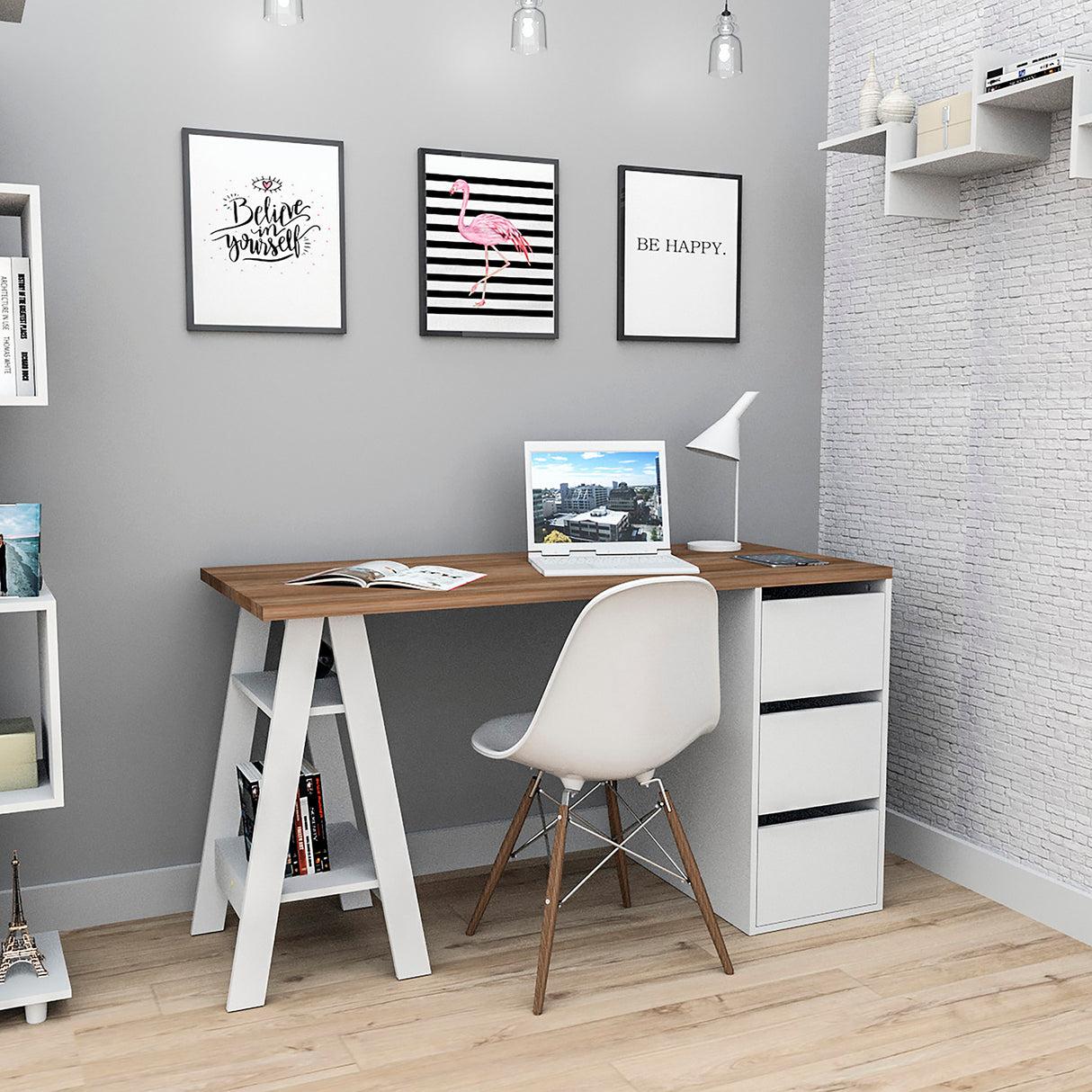 Escritorio Nórdico 3 Cajones Blanco Castaño