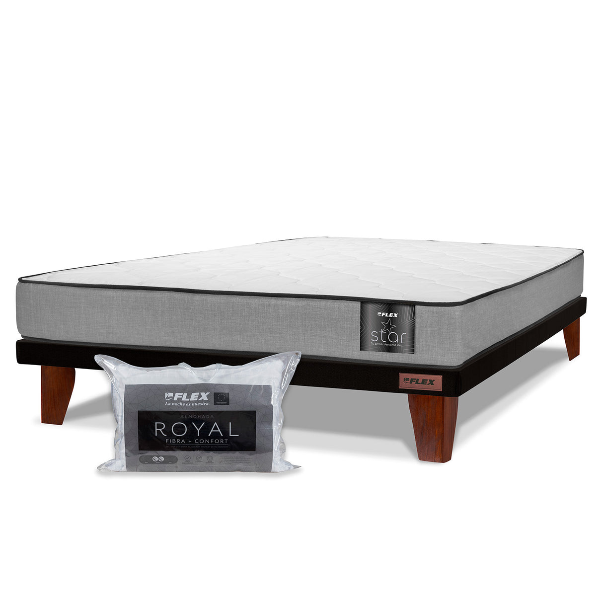 Cama Europea Flat Star 2 Plazas Base Normal + Almohada Royal