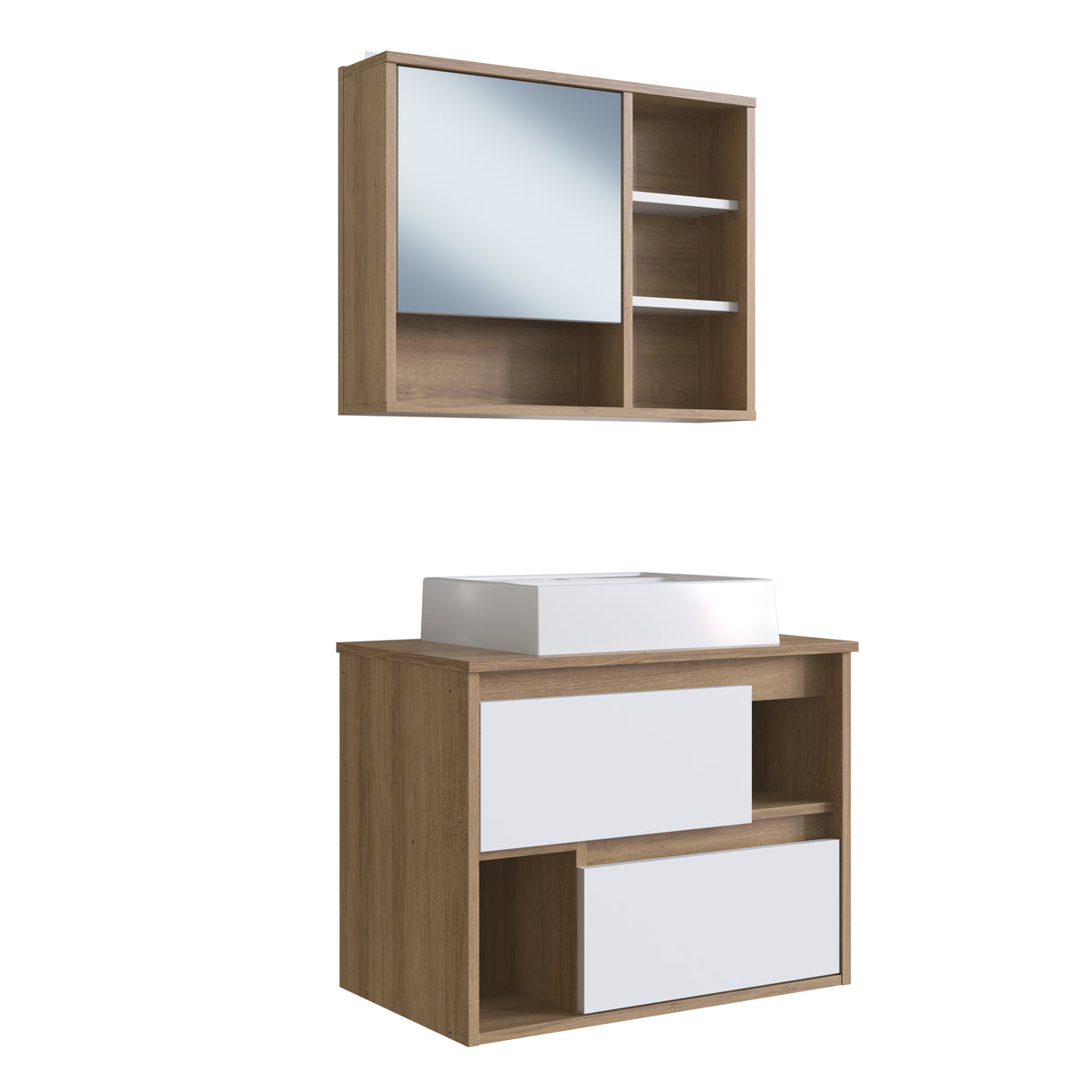 Set Vanitorio + Gabinete de baño con espejo castaño blanco FF CLVP03.077