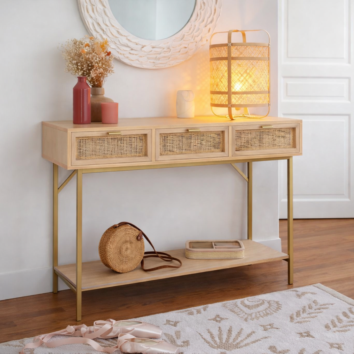 Aparador Rattan Natural con Cajones y Base Dorada 110 cm