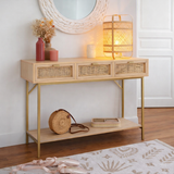 Aparador Rattan Natural con Cajones y Base Dorada 110 cm