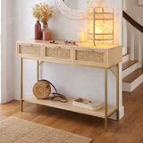 Aparador Rattan Natural con Cajones y Base Dorada 110 cm