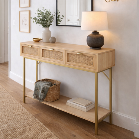 Aparador Rattan Natural con Cajones y Base Dorada 110 cm