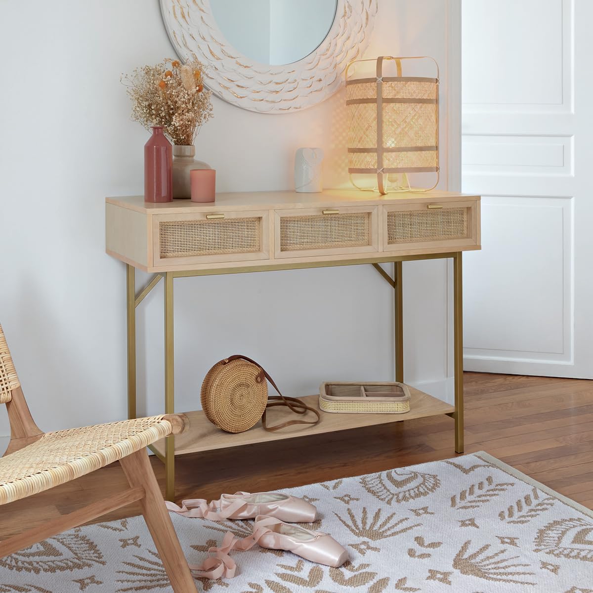 Aparador Rattan Natural con Cajones y Base Dorada 110 cm