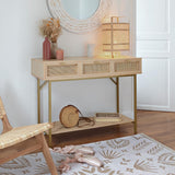 Aparador Rattan Natural con Cajones y Base Dorada 110 cm