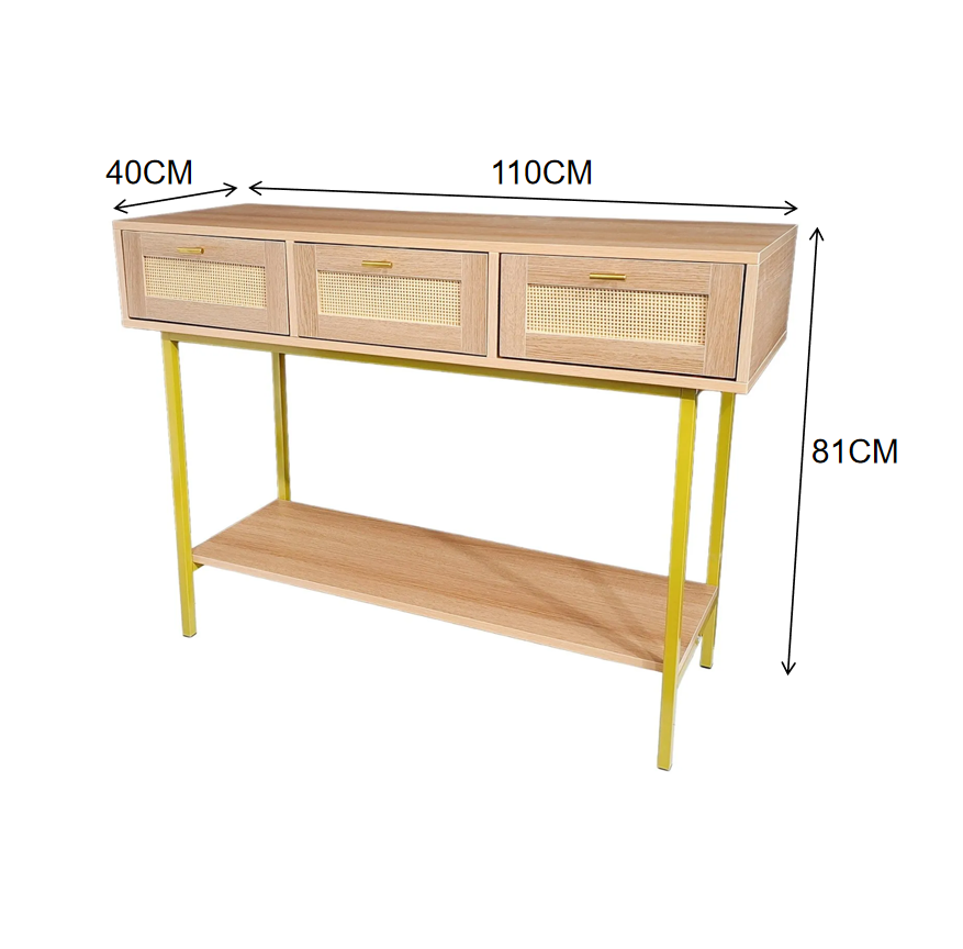 Aparador Rattan Natural con Cajones y Base Dorada 110 cm