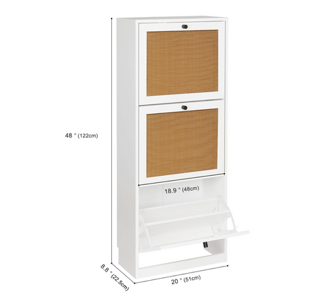 Zapatero Vertical Ratán Blanco con 3 Compartimientos – 18 Pares