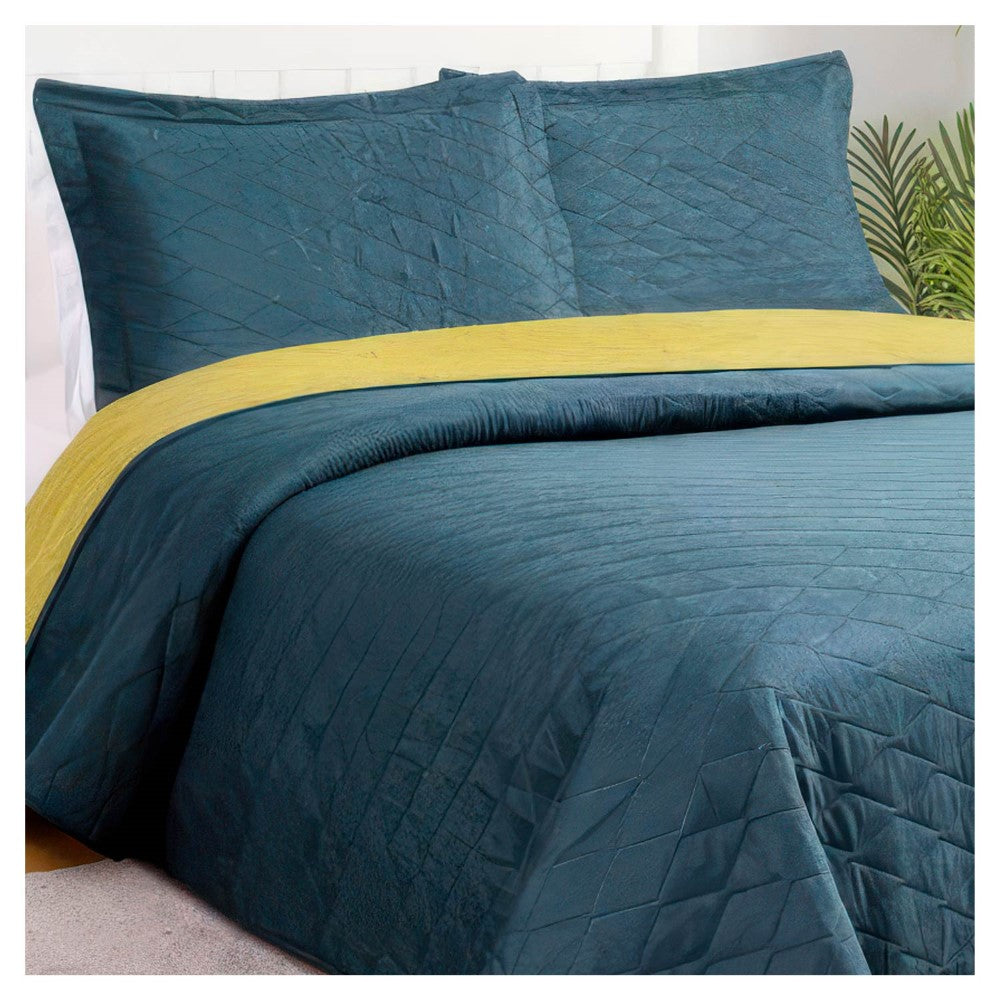 Quilt Bicolor Reversible Masel 2 Plazas Petróleo-Mostaza